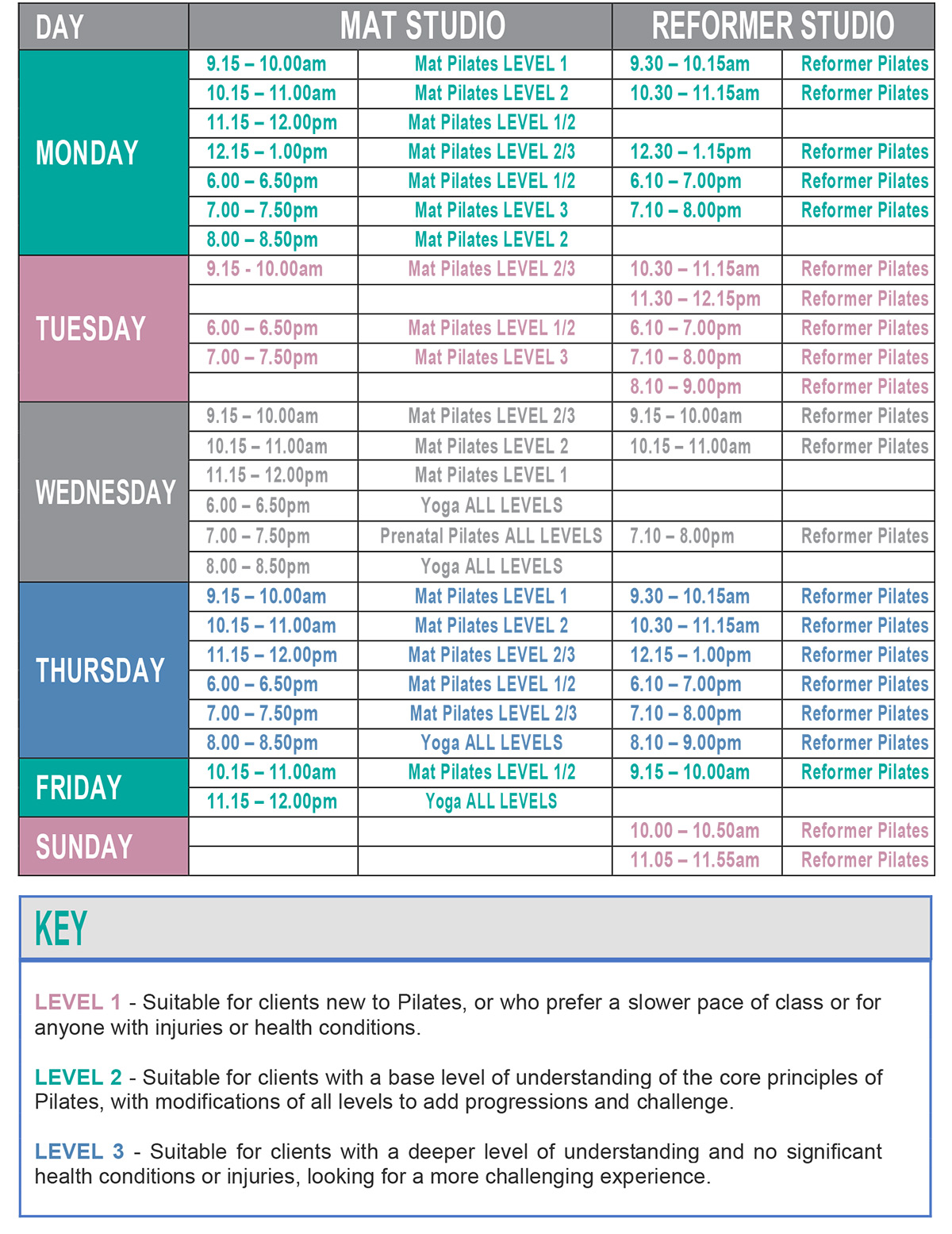 Pilates Class Timetable: Beginner, Intermediate, Reformer, Prenatal ...